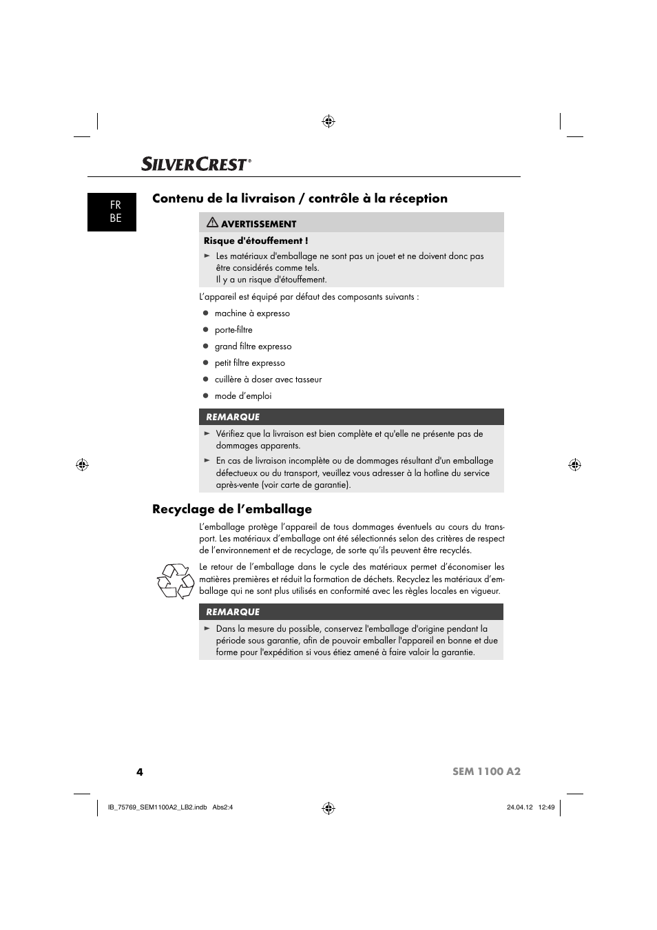 Contenu de la livraison / contrôle à la réception, Recyclage de l’emballage, Fr be | Silvercrest SEM 1100 A2 User Manual | Page 6 / 81