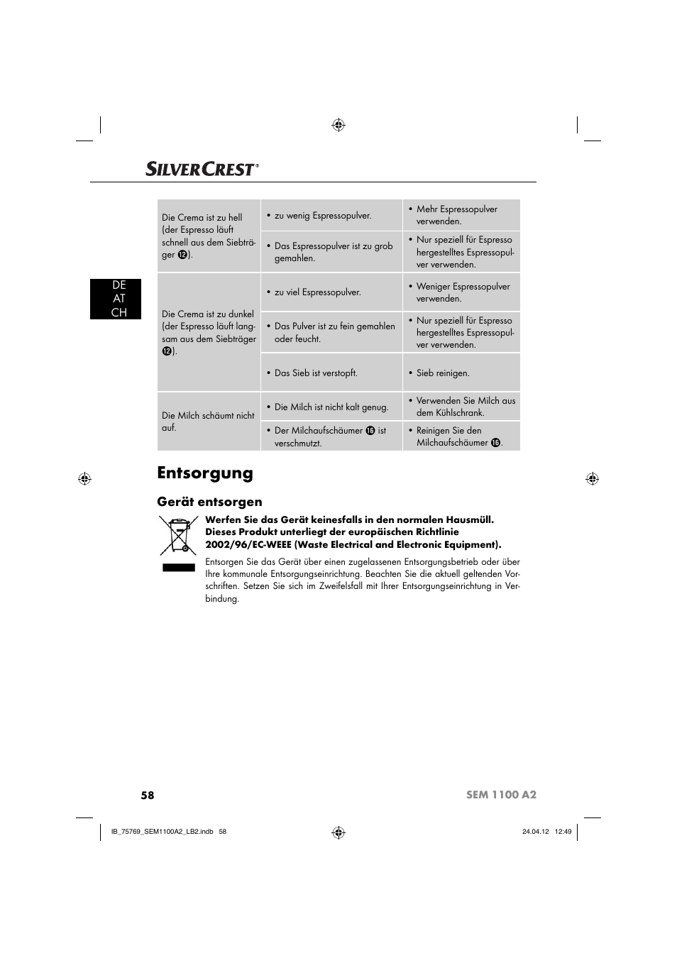 Entsorgung, Gerät entsorgen, De at ch | Silvercrest SEM 1100 A2 User Manual | Page 60 / 81