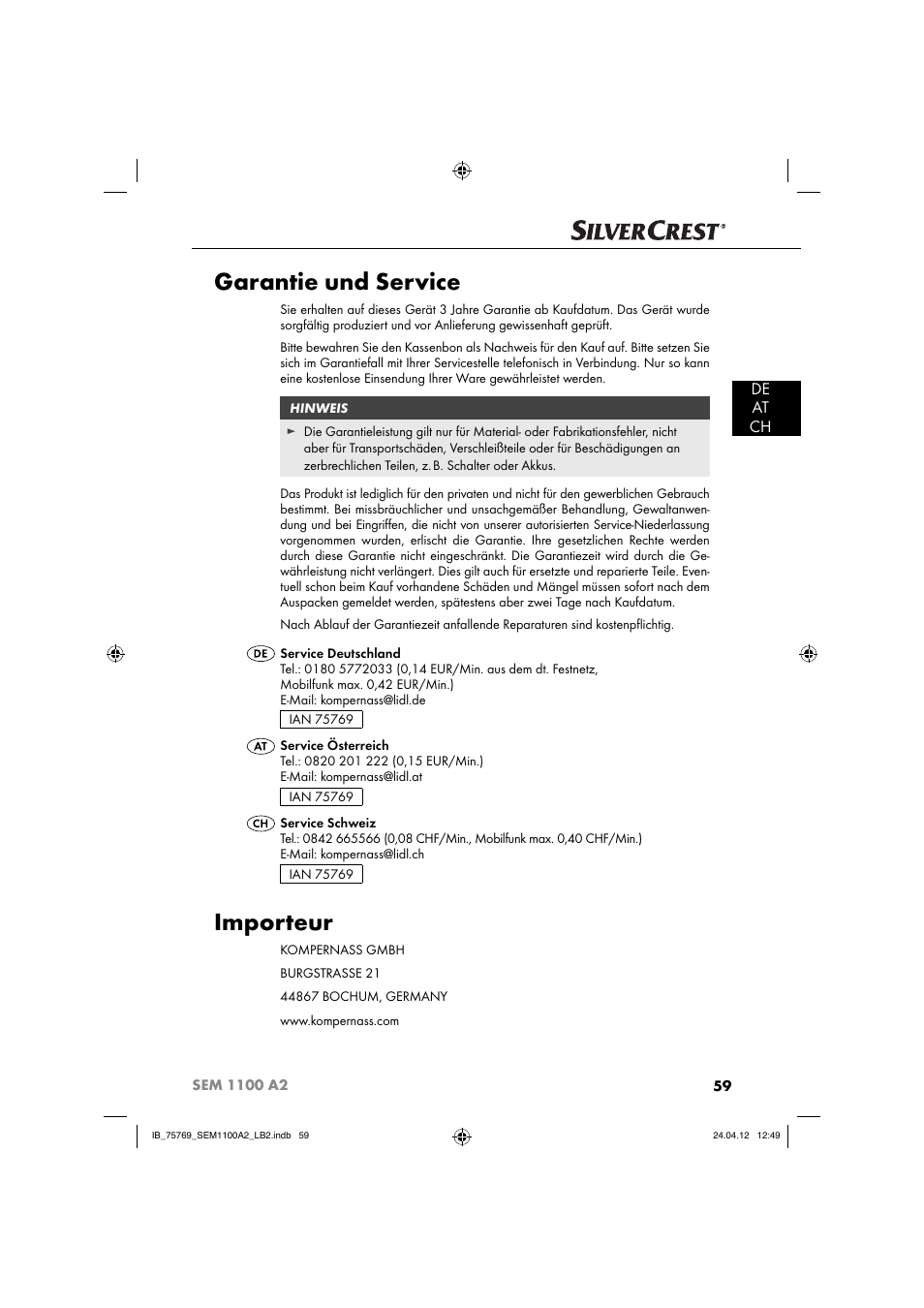 Garantie und service, Importeur, De at ch | Silvercrest SEM 1100 A2 User Manual | Page 61 / 81