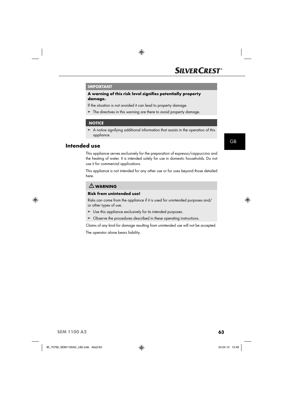 Intended use | Silvercrest SEM 1100 A2 User Manual | Page 65 / 81