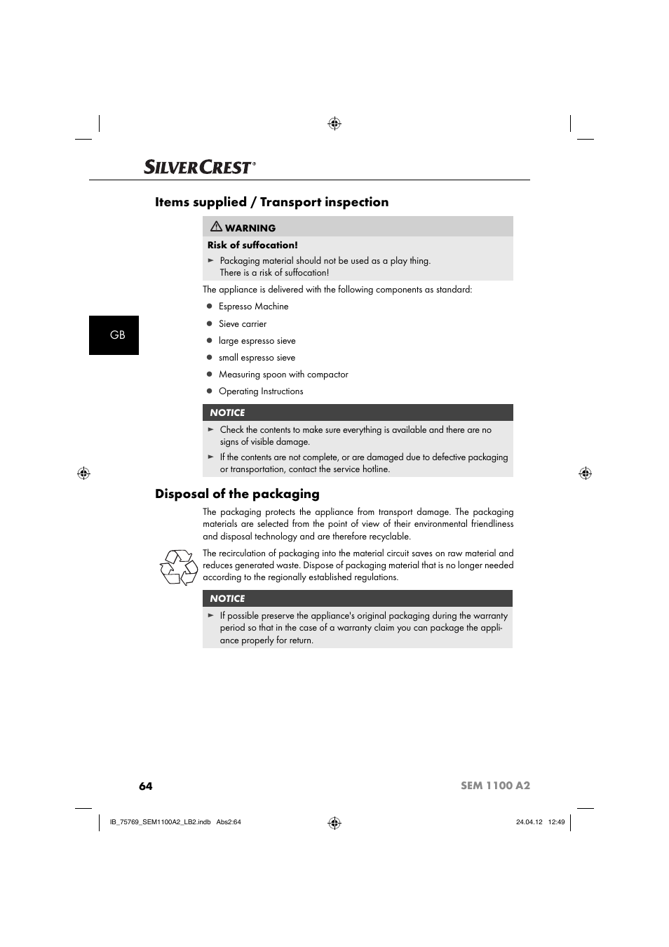 Items supplied / transport inspection, Disposal of the packaging | Silvercrest SEM 1100 A2 User Manual | Page 66 / 81