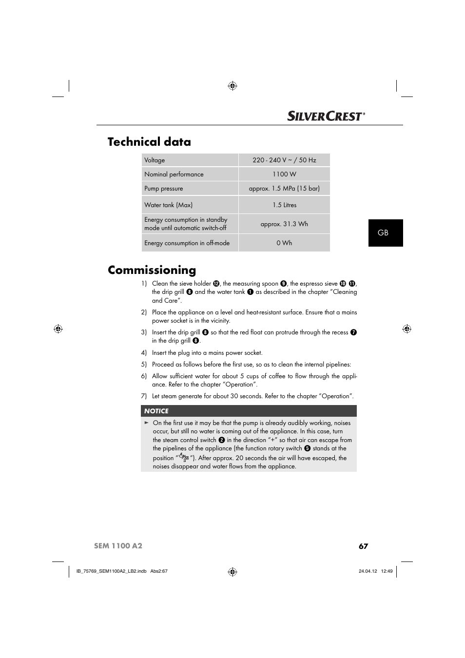 Technical data, Commissioning | Silvercrest SEM 1100 A2 User Manual | Page 69 / 81