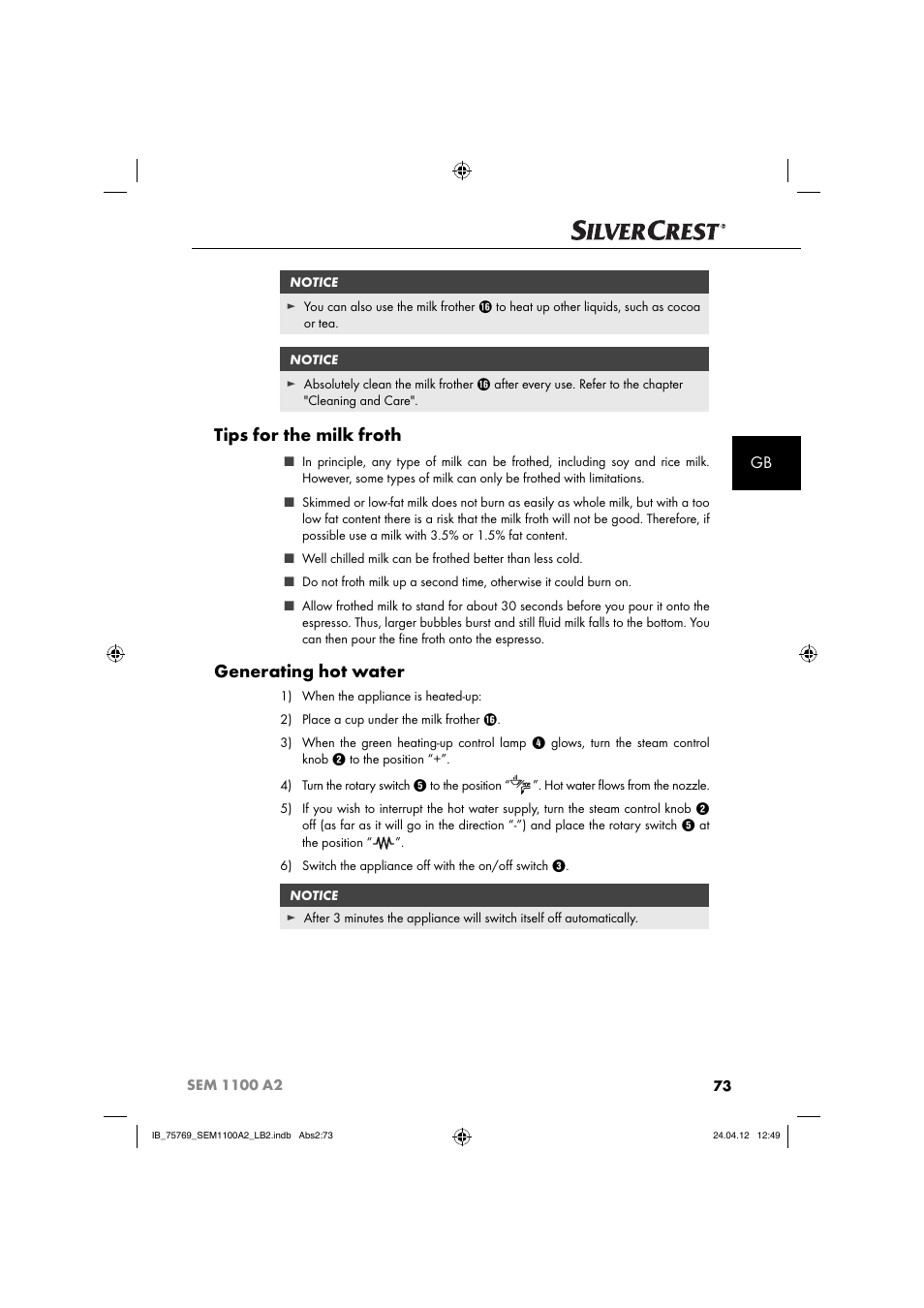 Tips for the milk froth, Generating hot water | Silvercrest SEM 1100 A2 User Manual | Page 75 / 81