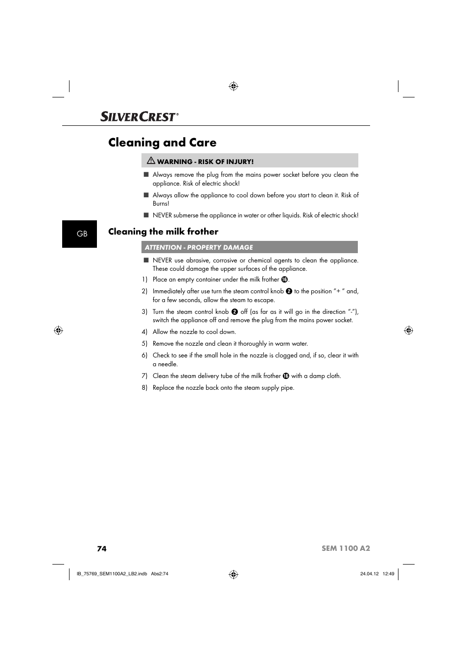 Cleaning and care, Cleaning the milk frother | Silvercrest SEM 1100 A2 User Manual | Page 76 / 81