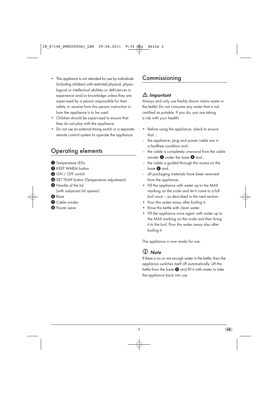 Operating elements, Commissioning | Silvercrest SWKD 3000 A1 User Manual | Page 5 / 10