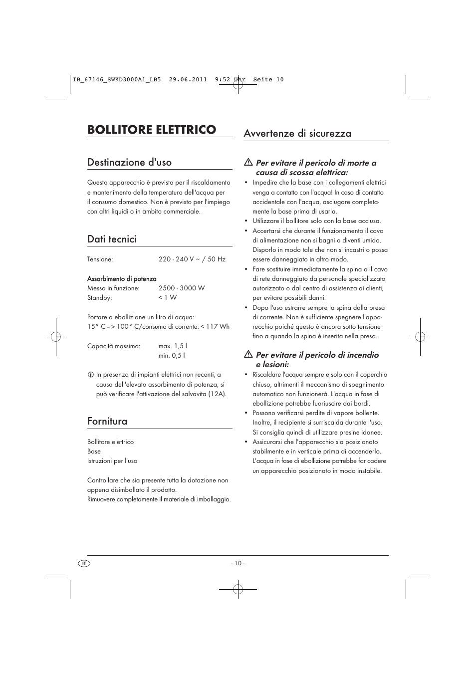 Bollitore elettrico, Destinazione d'uso, Dati tecnici | Fornitura, Avvertenze di sicurezza | Silvercrest SWKD 3000 A1 User Manual | Page 12 / 42