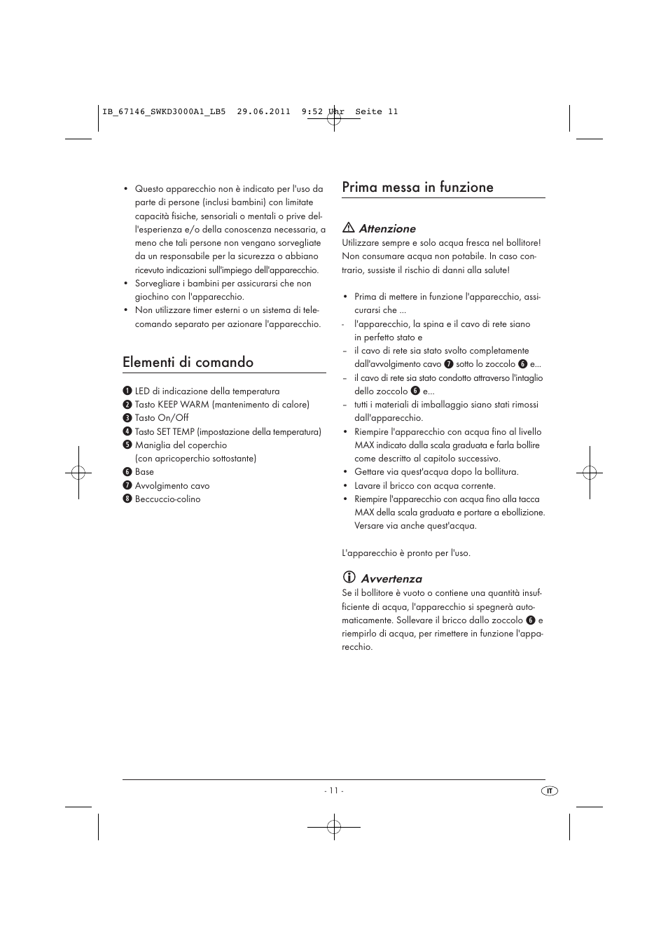 Elementi di comando, Prima messa in funzione | Silvercrest SWKD 3000 A1 User Manual | Page 13 / 42