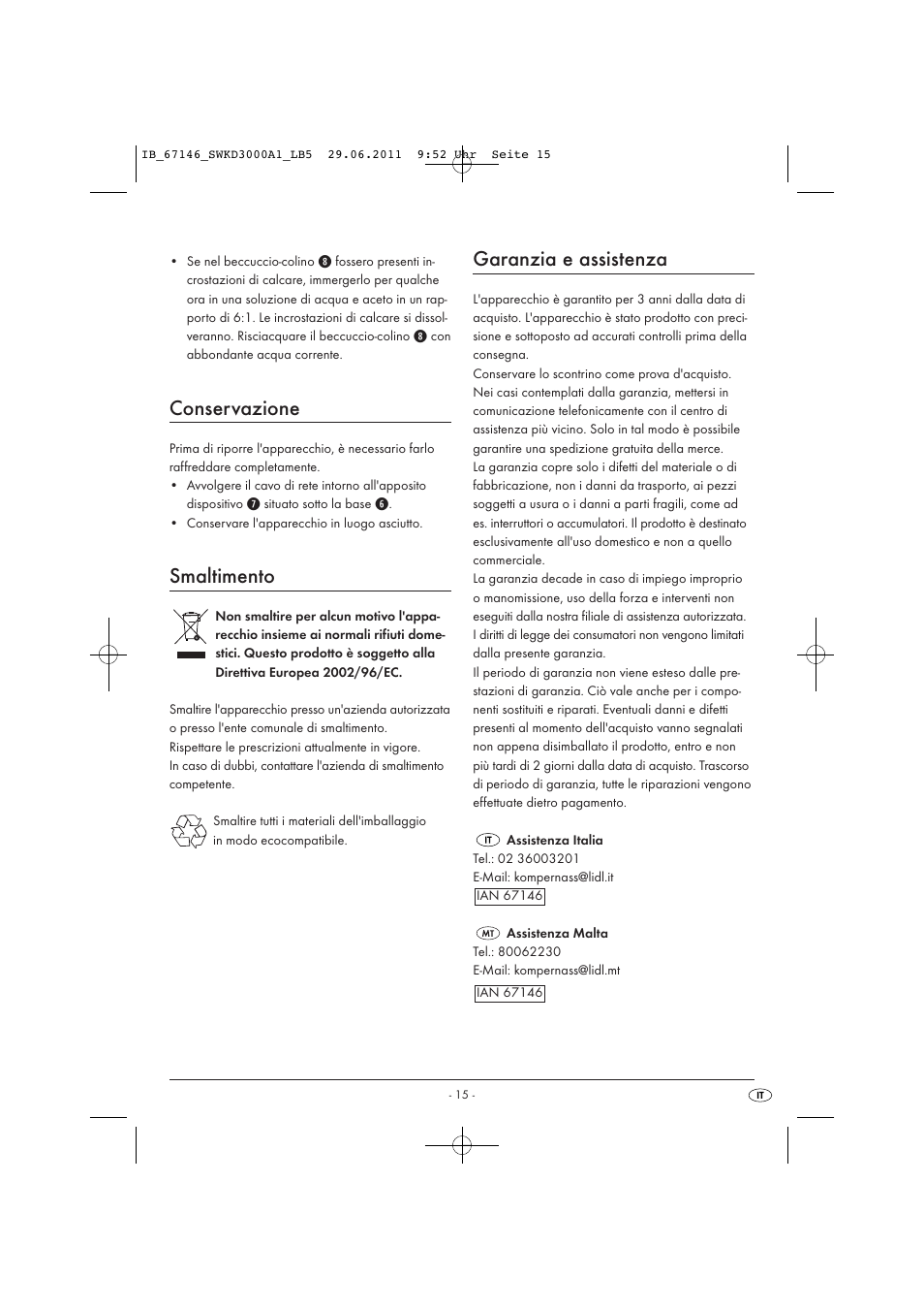 Conservazione, Smaltimento, Garanzia e assistenza | Silvercrest SWKD 3000 A1 User Manual | Page 17 / 42