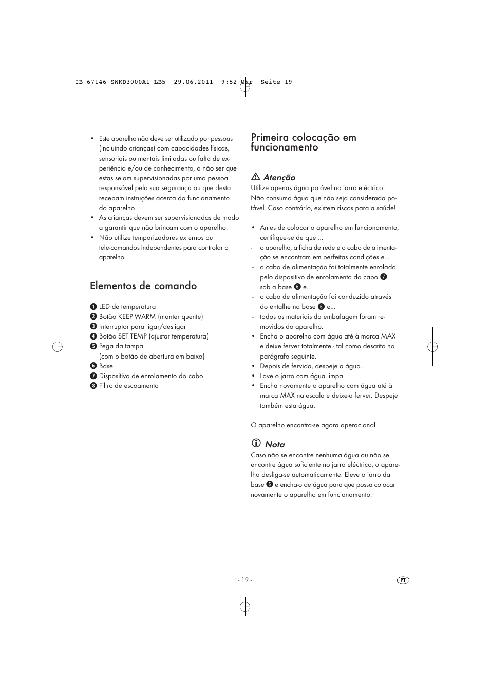Elementos de comando, Primeira colocação em funcionamento | Silvercrest SWKD 3000 A1 User Manual | Page 21 / 42