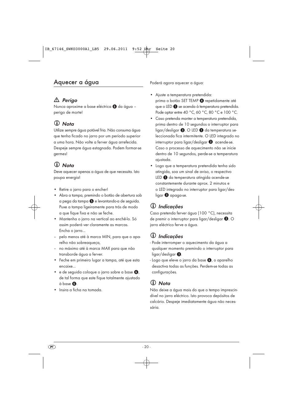 Aquecer a água, Perigo, Nota | Indicações | Silvercrest SWKD 3000 A1 User Manual | Page 22 / 42