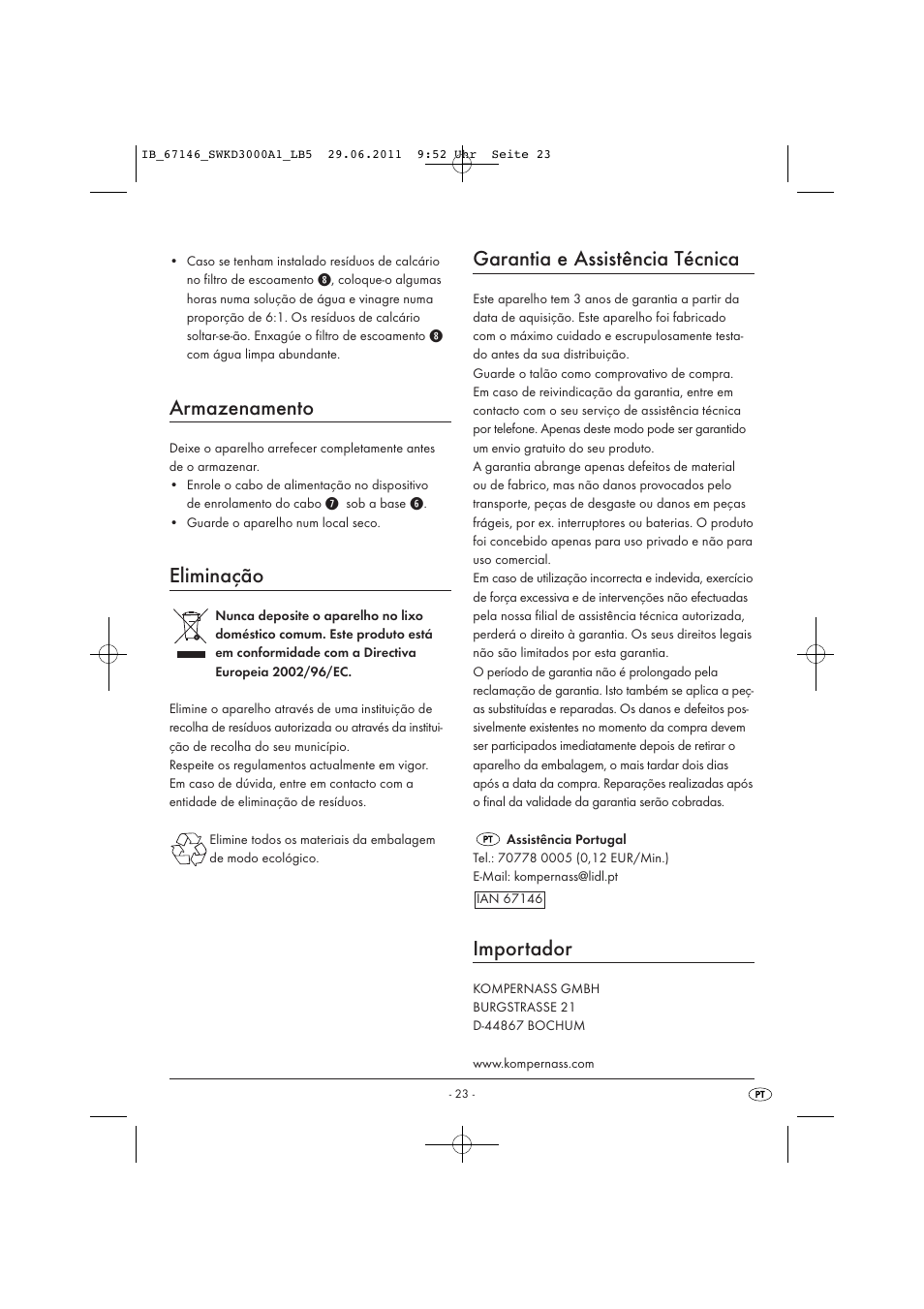 Armazenamento, Eliminação, Garantia e assistência técnica | Importador | Silvercrest SWKD 3000 A1 User Manual | Page 25 / 42