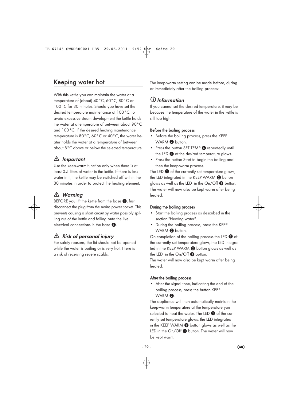 Keeping water hot, Important, Warning | Risk of personal injury, Information | Silvercrest SWKD 3000 A1 User Manual | Page 31 / 42