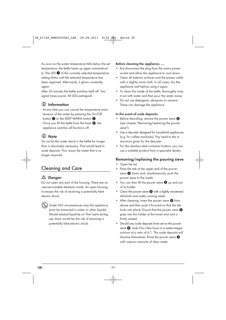 Cleaning and care, Information, Danger | Removing/replacing the pouring sieve | Silvercrest SWKD 3000 A1 User Manual | Page 32 / 42