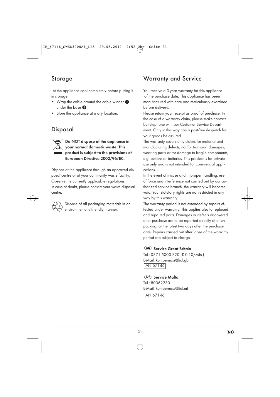 Storage, Disposal, Warranty and service | Silvercrest SWKD 3000 A1 User Manual | Page 33 / 42