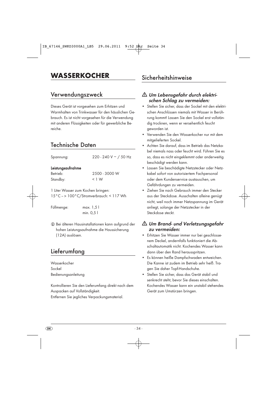 Wasserkocher, Verwendungszweck, Technische daten | Lieferumfang, Sicherheitshinweise | Silvercrest SWKD 3000 A1 User Manual | Page 36 / 42