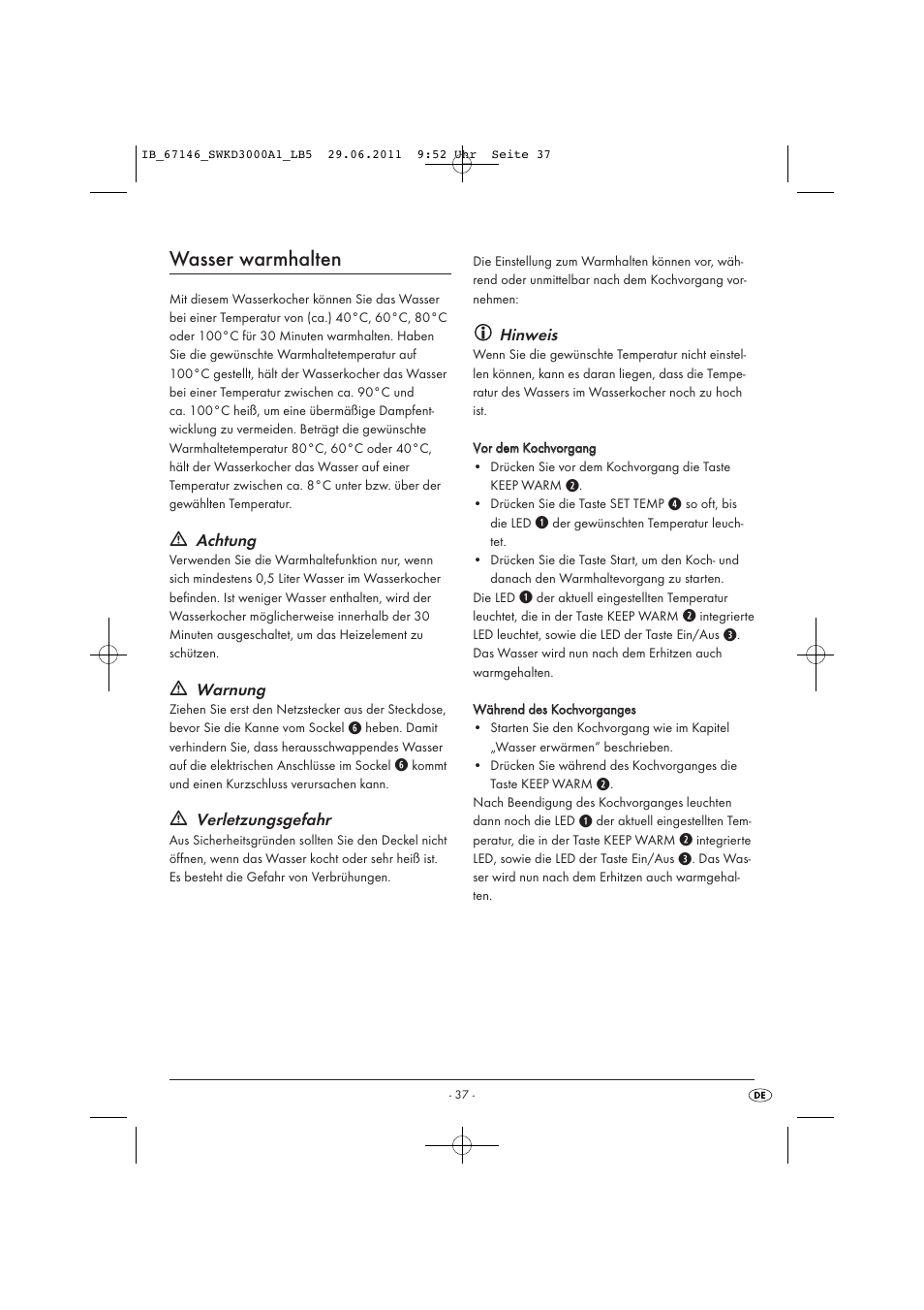 Wasser warmhalten, Achtung, Warnung | Verletzungsgefahr, Hinweis | Silvercrest SWKD 3000 A1 User Manual | Page 39 / 42