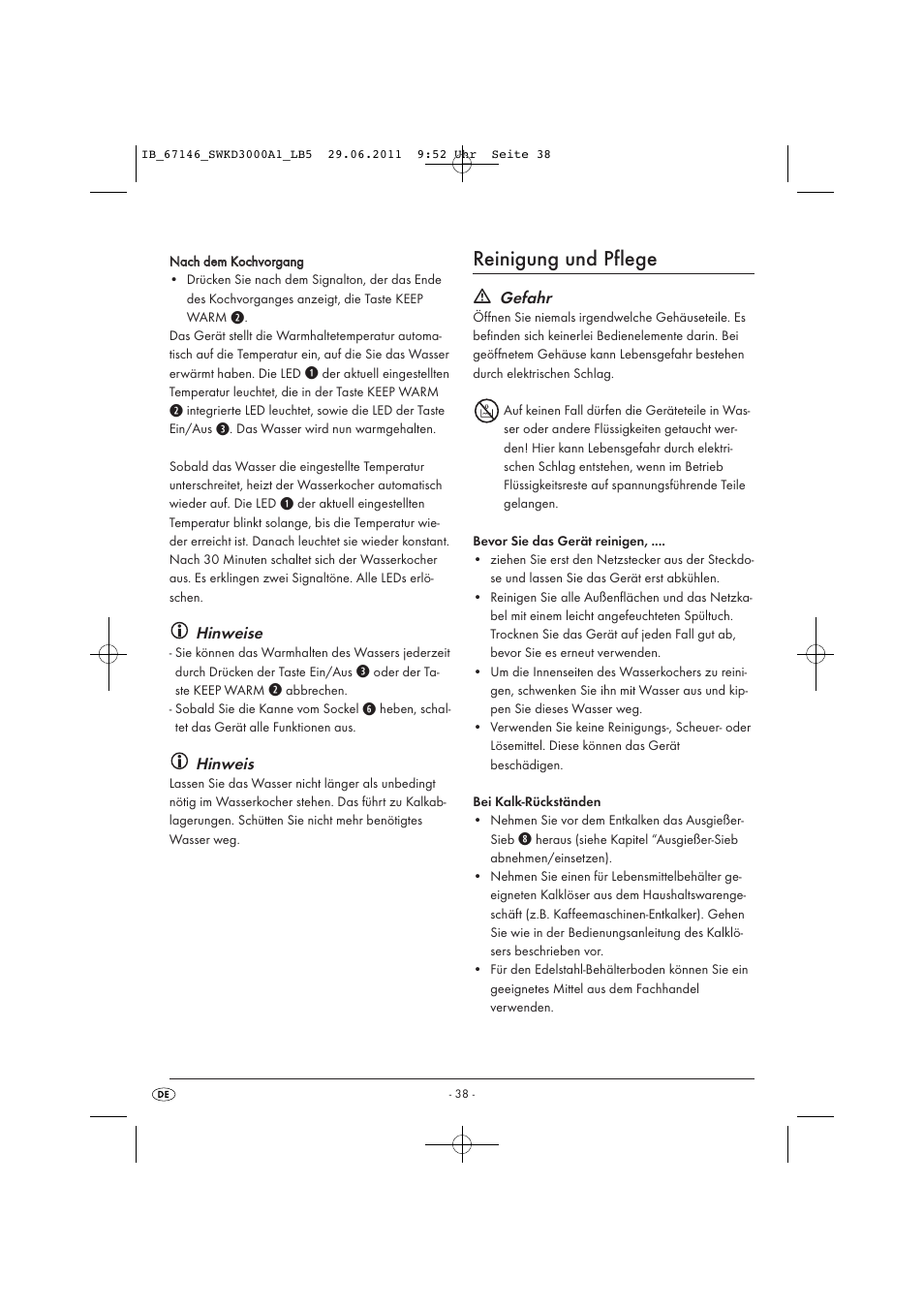 Reinigung und pflege, Hinweise, Hinweis | Gefahr | Silvercrest SWKD 3000 A1 User Manual | Page 40 / 42