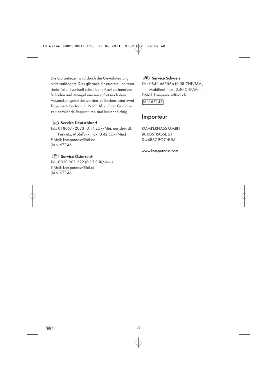Importeur | Silvercrest SWKD 3000 A1 User Manual | Page 42 / 42