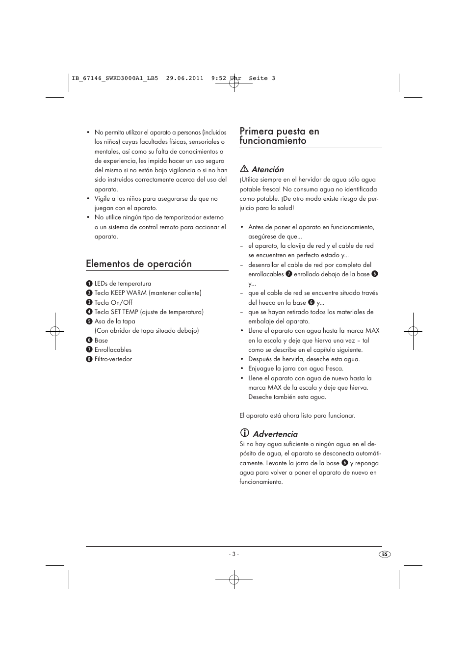 Elementos de operación, Primera puesta en funcionamiento | Silvercrest SWKD 3000 A1 User Manual | Page 5 / 42