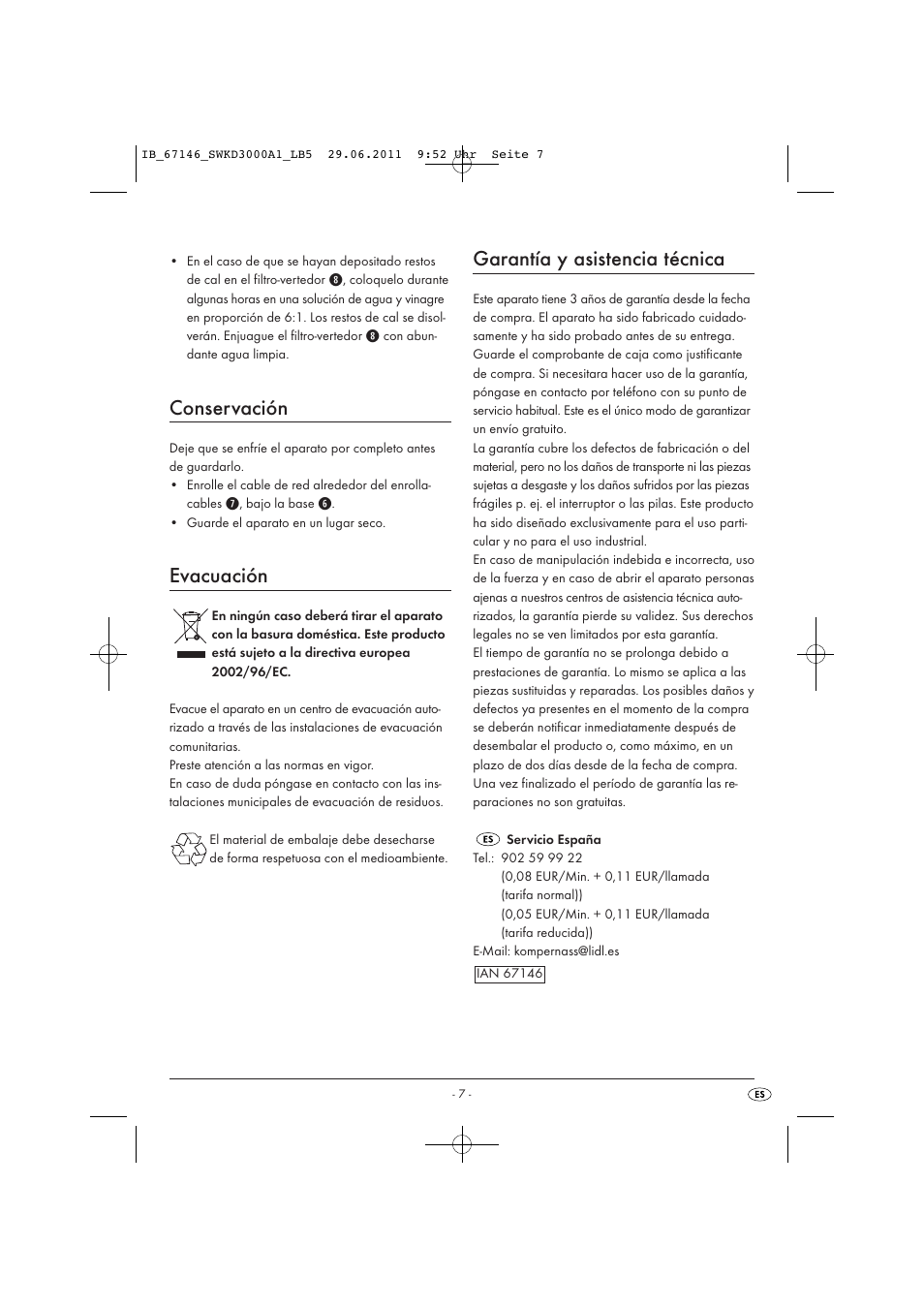 Conservación, Evacuación, Garantía y asistencia técnica | Silvercrest SWKD 3000 A1 User Manual | Page 9 / 42