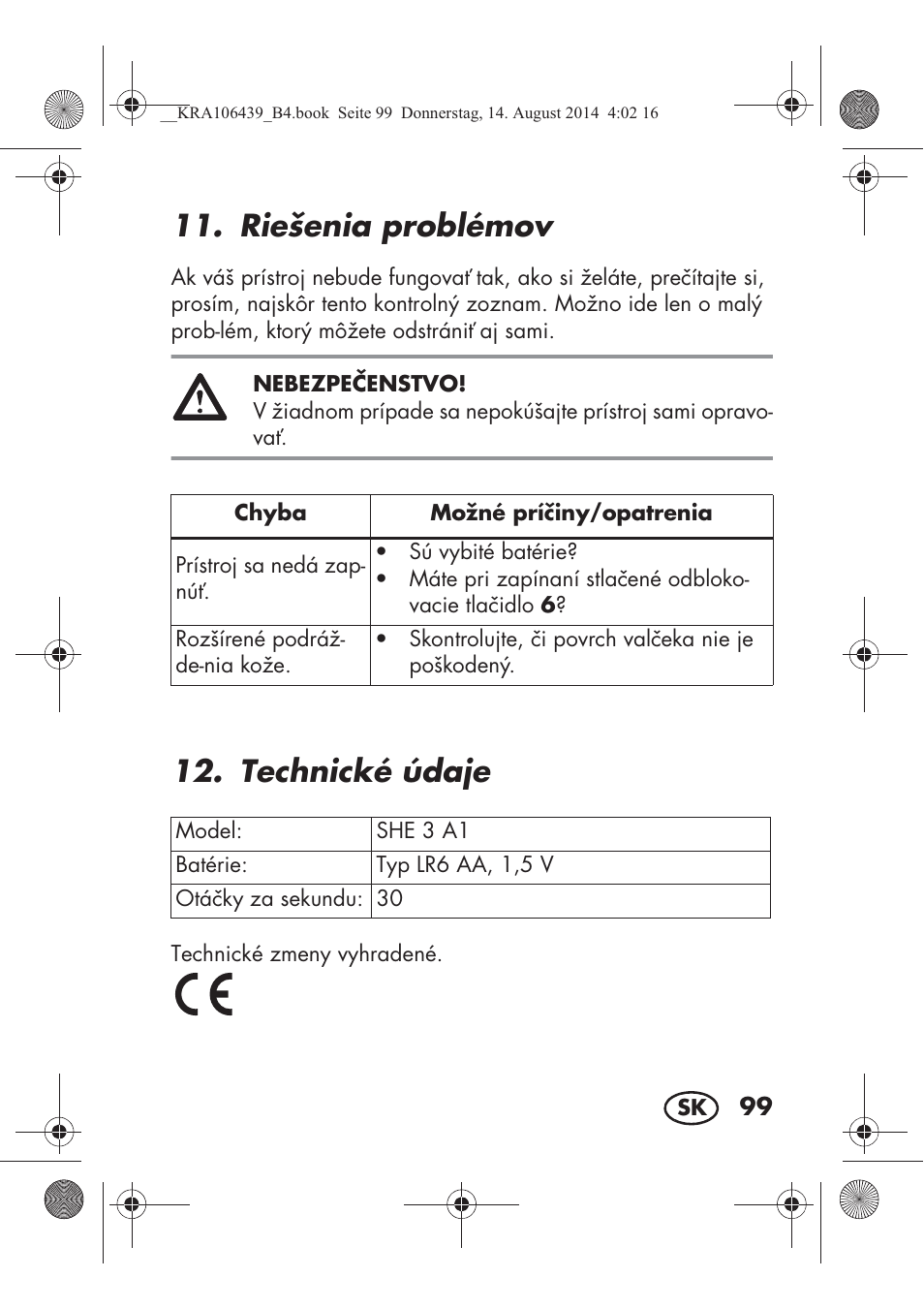 Riešenia problémov, Technické údaje | Silvercrest SHE 3 A1 User Manual | Page 101 / 126