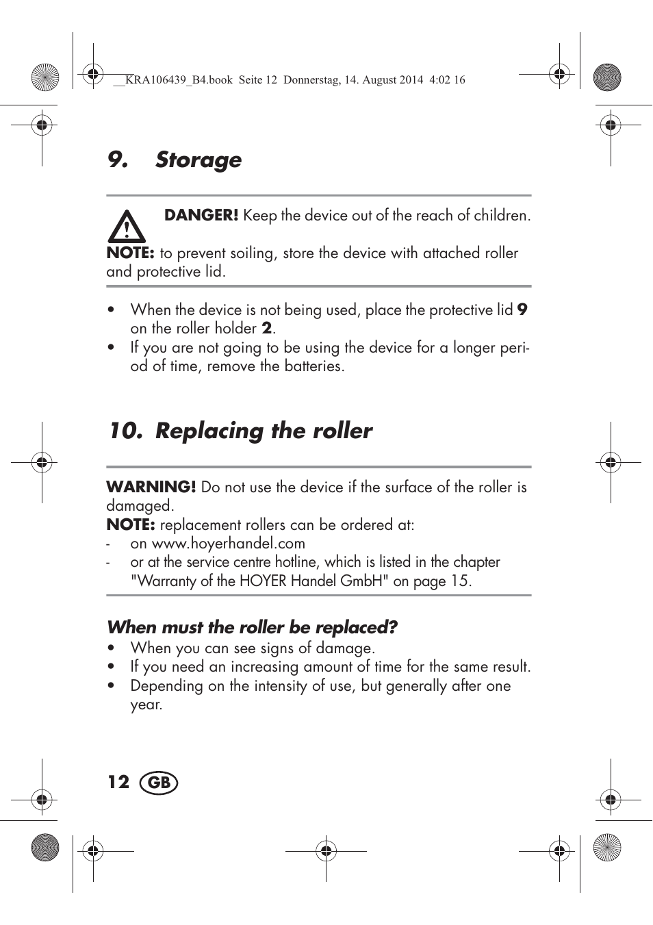 Storage, Replacing the roller | Silvercrest SHE 3 A1 User Manual | Page 14 / 126