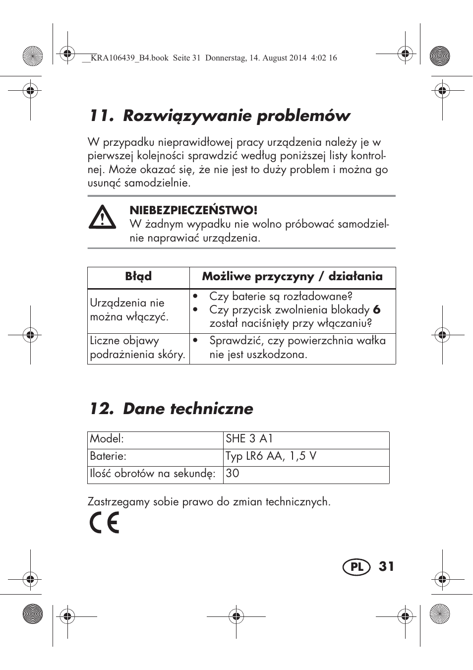 Rozwizywanie problemów, Dane techniczne | Silvercrest SHE 3 A1 User Manual | Page 33 / 126