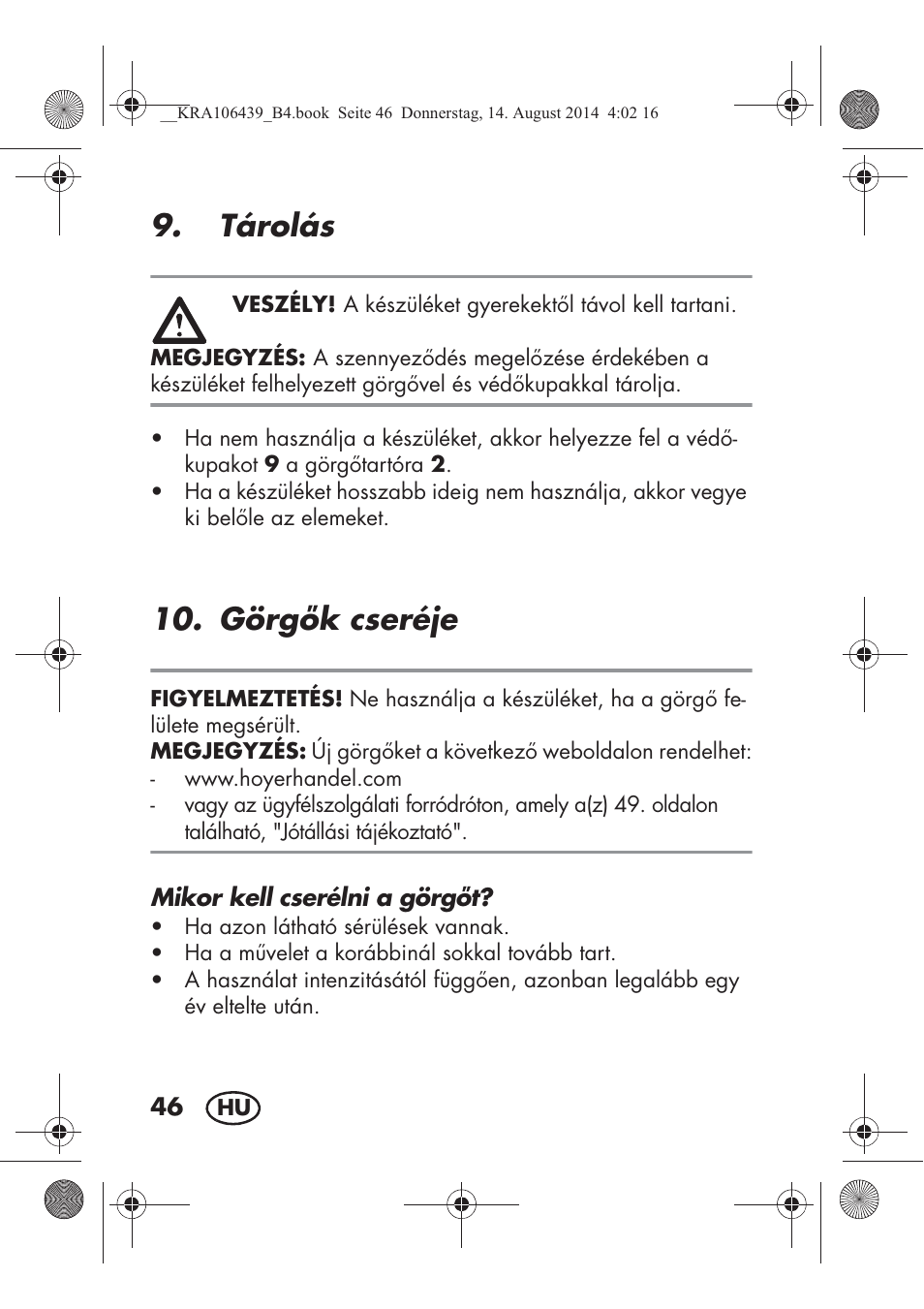 Tárolás, Görgk cseréje | Silvercrest SHE 3 A1 User Manual | Page 48 / 126