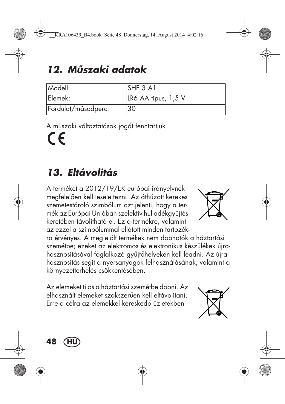 Mszaki adatok, Eltávolítás | Silvercrest SHE 3 A1 User Manual | Page 50 / 126