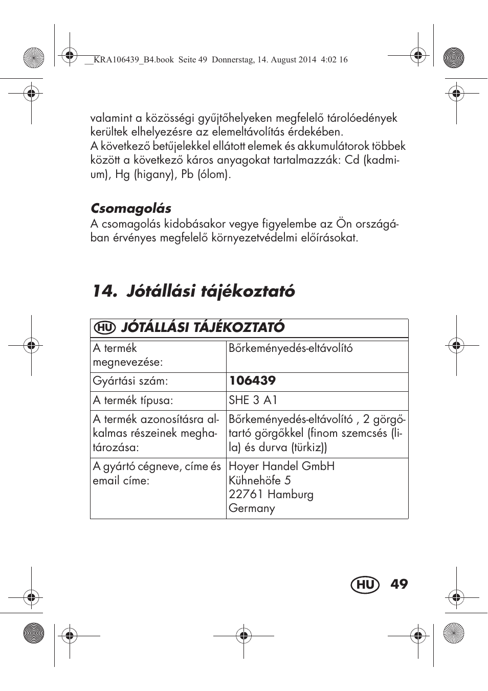 Jótállási tájékoztató | Silvercrest SHE 3 A1 User Manual | Page 51 / 126