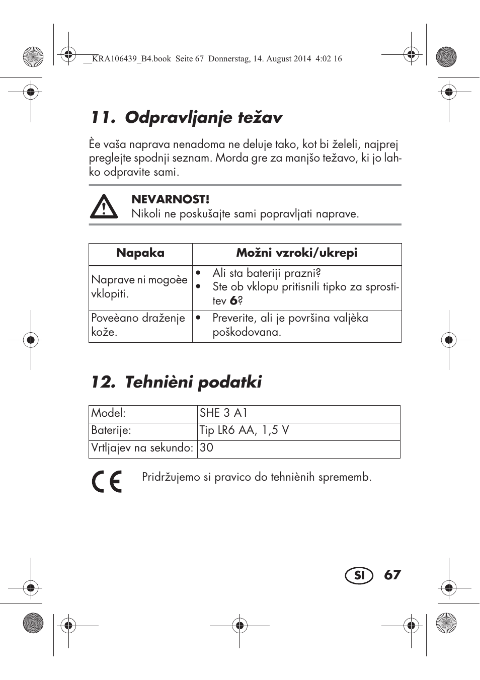 Odpravljanje težav, Tehnièni podatki | Silvercrest SHE 3 A1 User Manual | Page 69 / 126