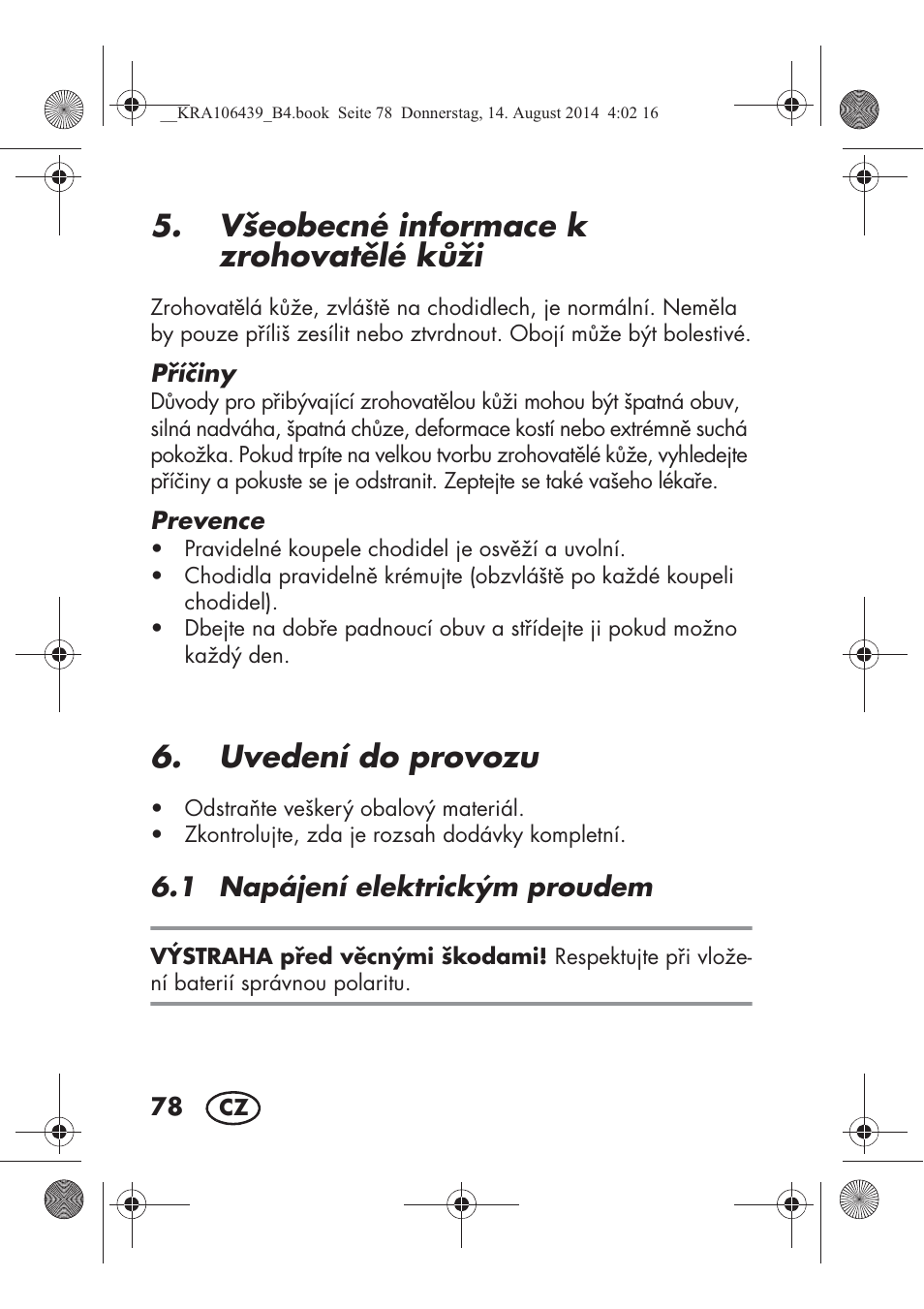 Všeobecné informace k zrohovatlé kži, Uvedení do provozu | Silvercrest SHE 3 A1 User Manual | Page 80 / 126