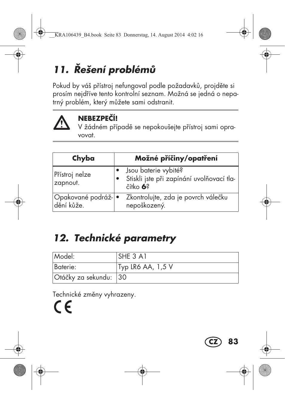 ešení problém, Technické parametry | Silvercrest SHE 3 A1 User Manual | Page 85 / 126
