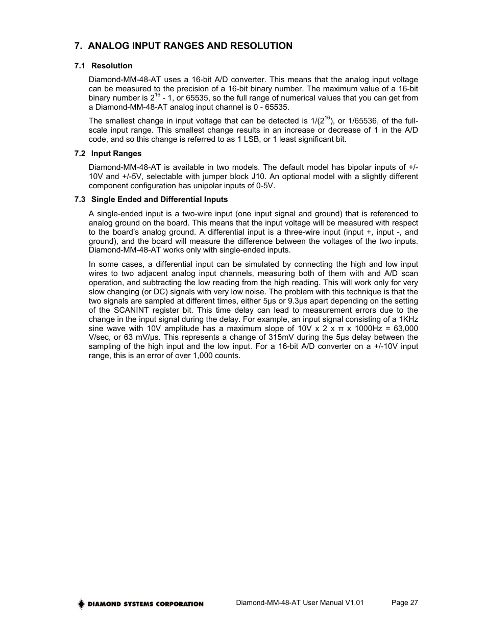 Analog input ranges and resolution | Diamond Power Products MM-48-AT User Manual | Page 27 / 44