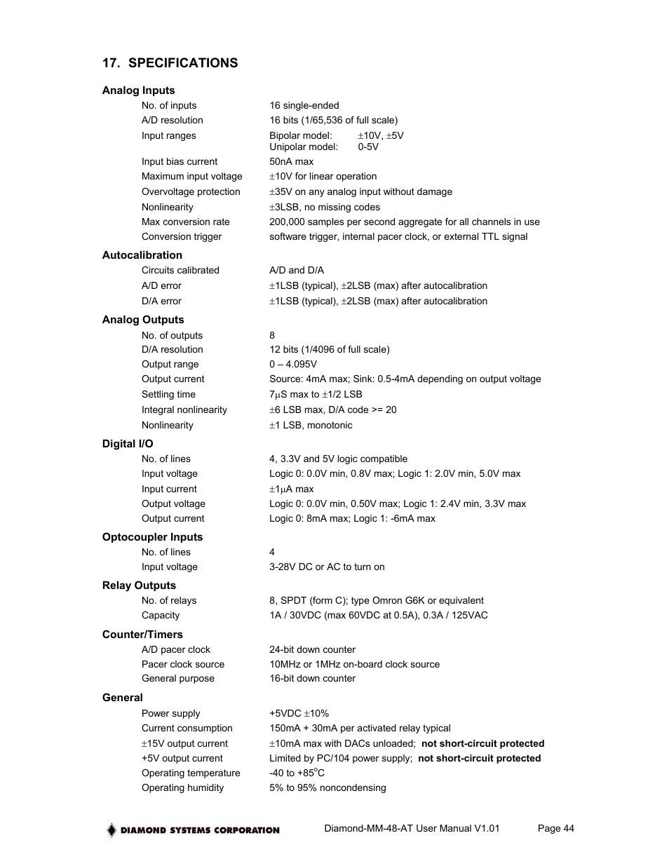 Specifications | Diamond Power Products MM-48-AT User Manual | Page 44 / 44