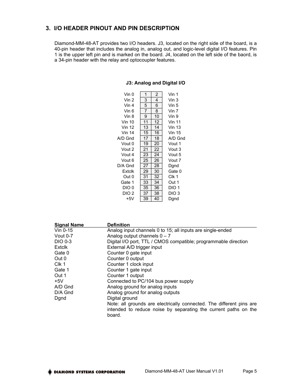 I/o header pinout and pin description | Diamond Power Products MM-48-AT User Manual | Page 5 / 44