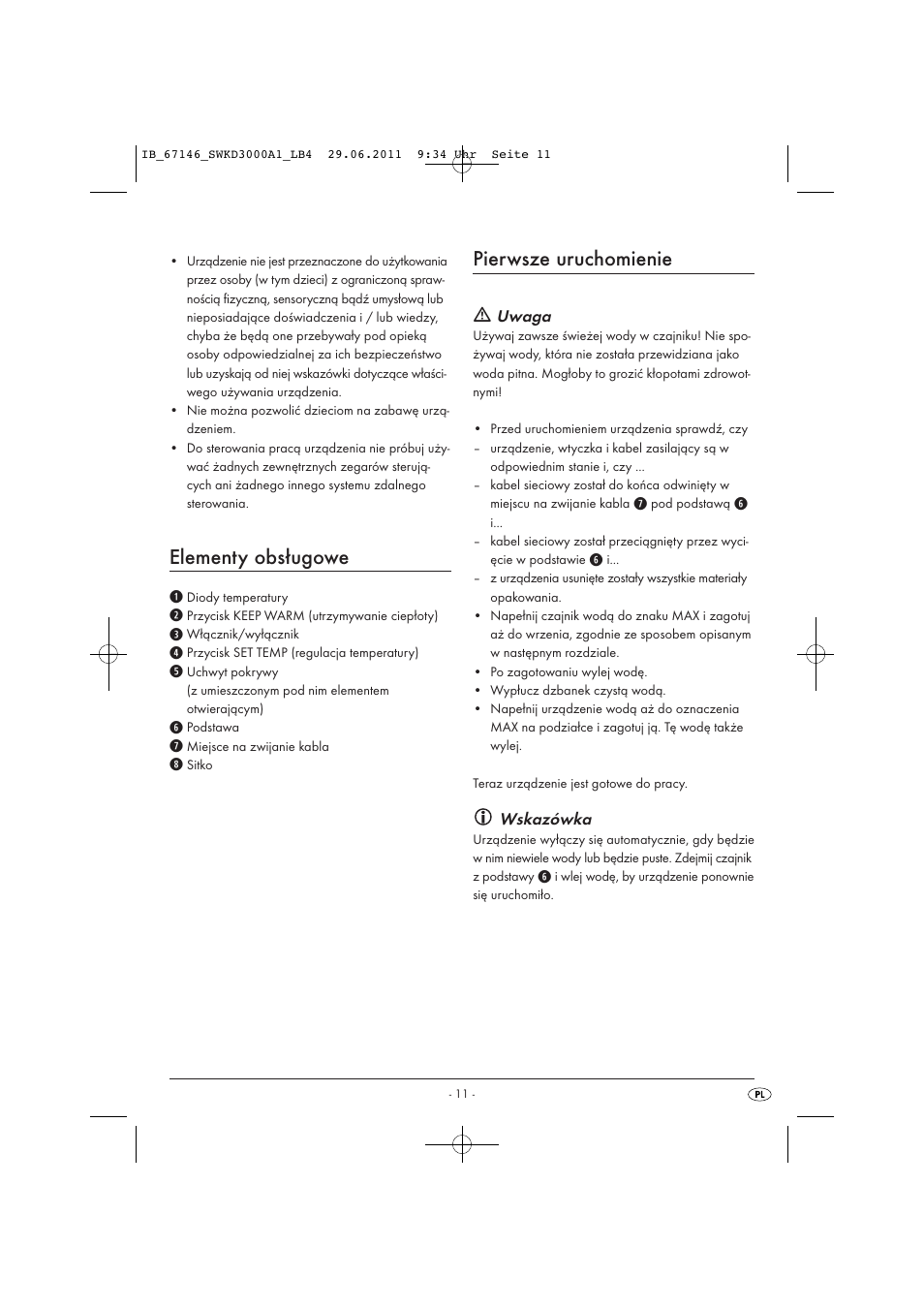 Elementy obsługowe, Pierwsze uruchomienie | Silvercrest SWKD 3000 A1 User Manual | Page 13 / 58