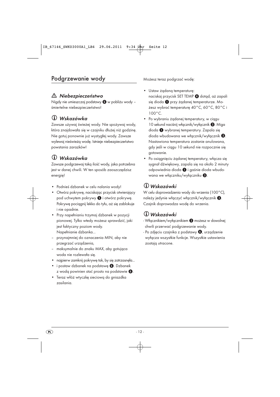 Podgrzewanie wody, Niebezpieczeństwo, Wskazówka | Wskazówki | Silvercrest SWKD 3000 A1 User Manual | Page 14 / 58