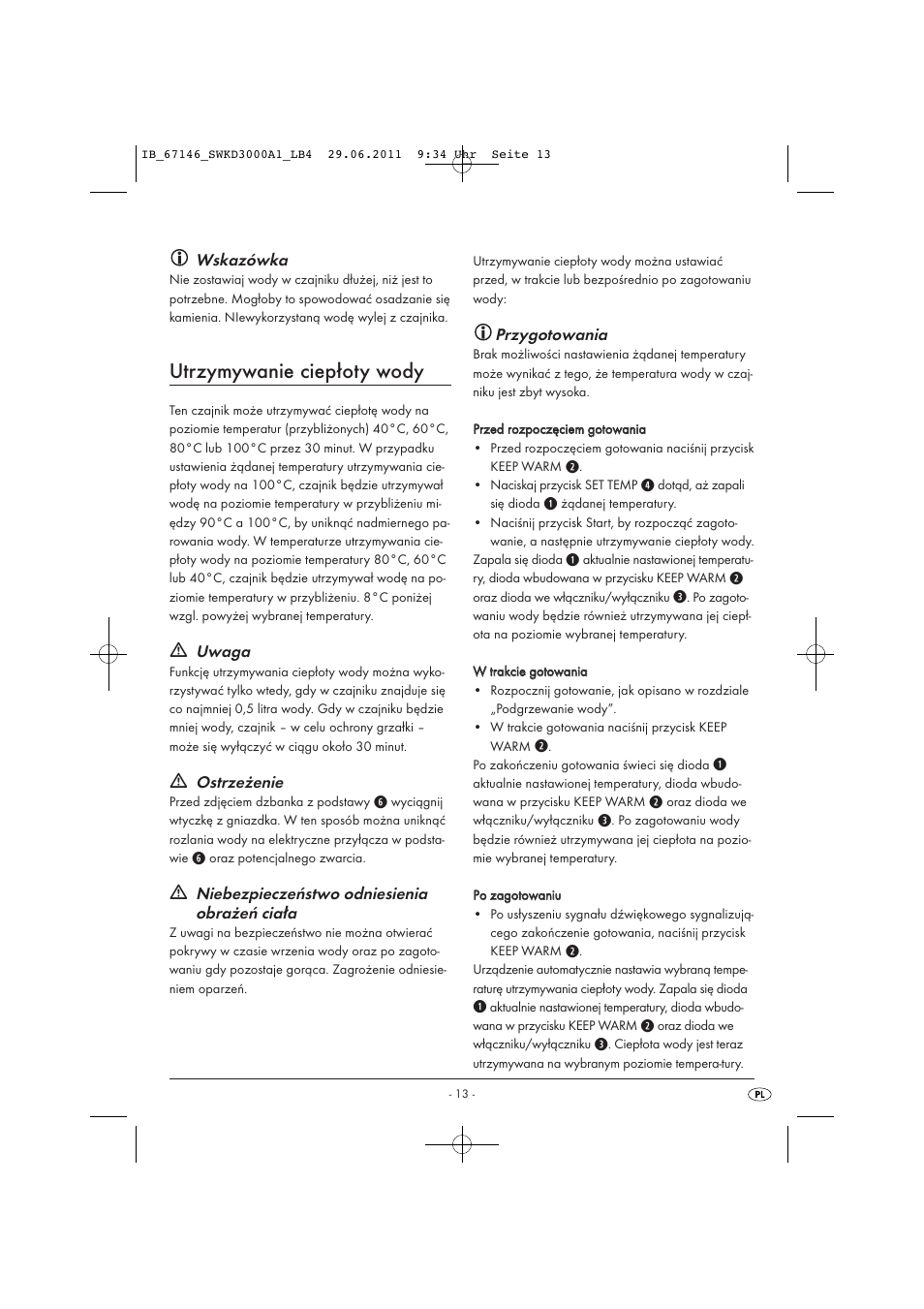 Utrzymywanie ciepłoty wody, Wskazówka, Uwaga | Ostrzeżenie, Niebezpieczeństwo odniesienia obrażeń ciała, Przygotowania | Silvercrest SWKD 3000 A1 User Manual | Page 15 / 58
