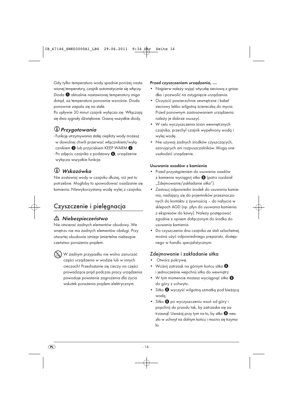Czyszczenie i pielęgnacja, Przygotowania, Wskazówka | Niebezpieczeństwo, Zdejmowanie i zakładanie sitka | Silvercrest SWKD 3000 A1 User Manual | Page 16 / 58