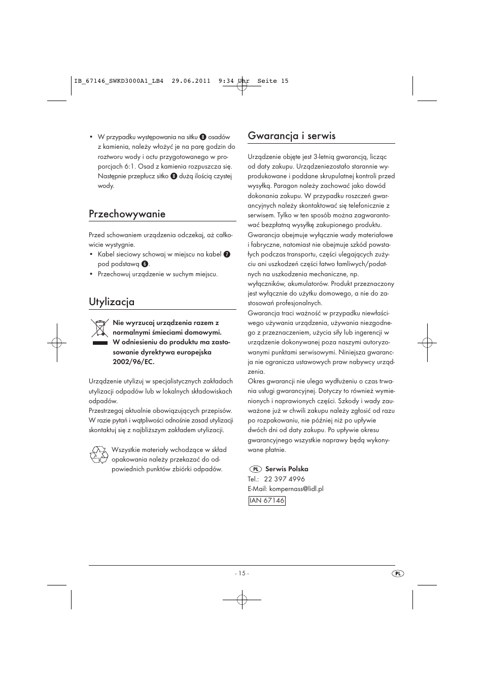 Przechowywanie, Utylizacja, Gwarancja i serwis | Silvercrest SWKD 3000 A1 User Manual | Page 17 / 58