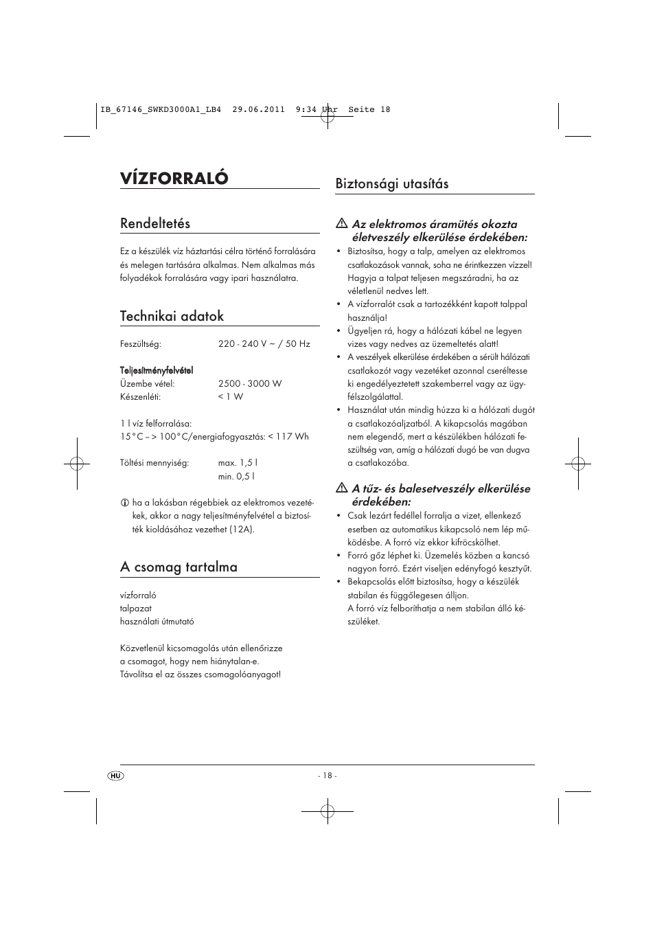 Vízforraló, Rendeltetés, Technikai adatok | A csomag tartalma, Biztonsági utasítás | Silvercrest SWKD 3000 A1 User Manual | Page 20 / 58