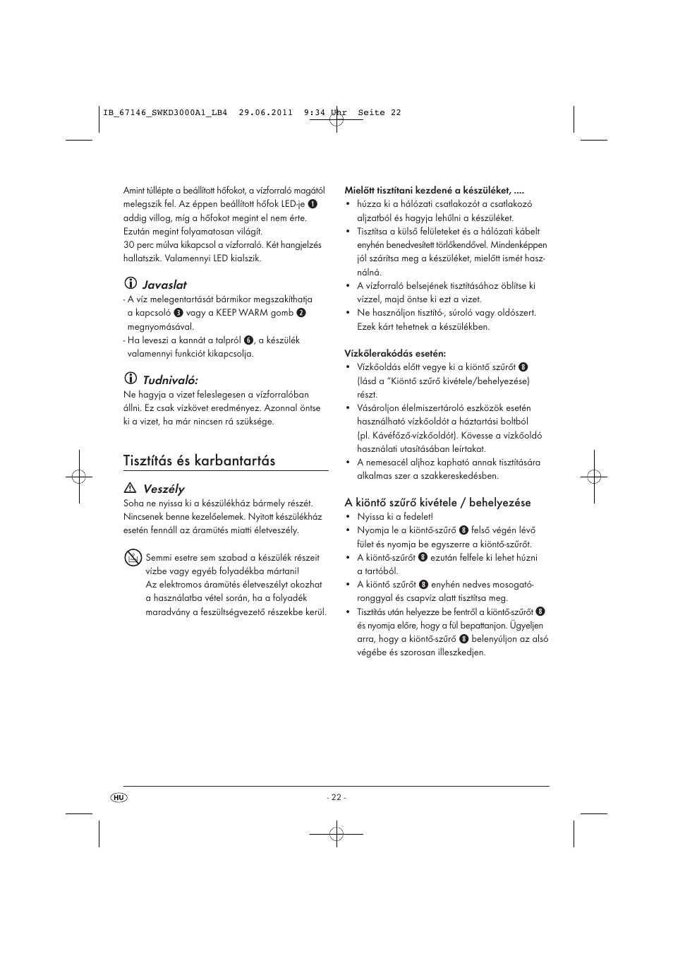 Tisztítás és karbantartás, Javaslat, Tudnivaló | Veszély, A kiöntő szűrő kivétele / behelyezése | Silvercrest SWKD 3000 A1 User Manual | Page 24 / 58