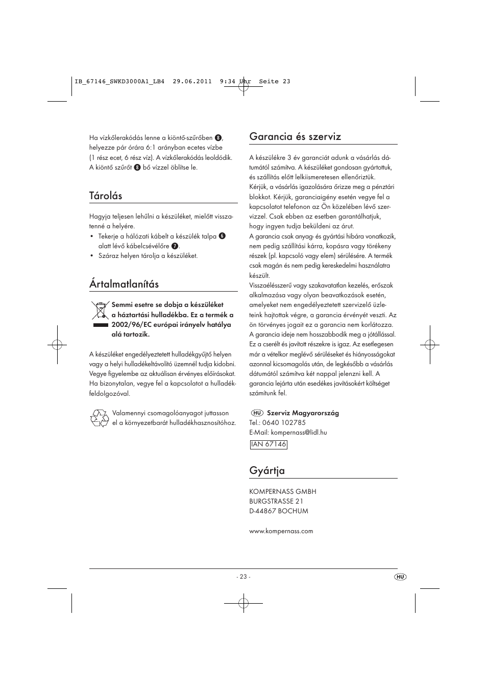 Tárolás, Ártalmatlanítás, Garancia és szerviz | Gyártja | Silvercrest SWKD 3000 A1 User Manual | Page 25 / 58