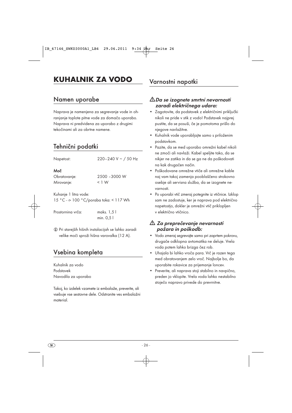 Kuhalnik za vodo, Namen uporabe, Tehnični podatki | Vsebina kompleta, Varnostni napotki | Silvercrest SWKD 3000 A1 User Manual | Page 28 / 58