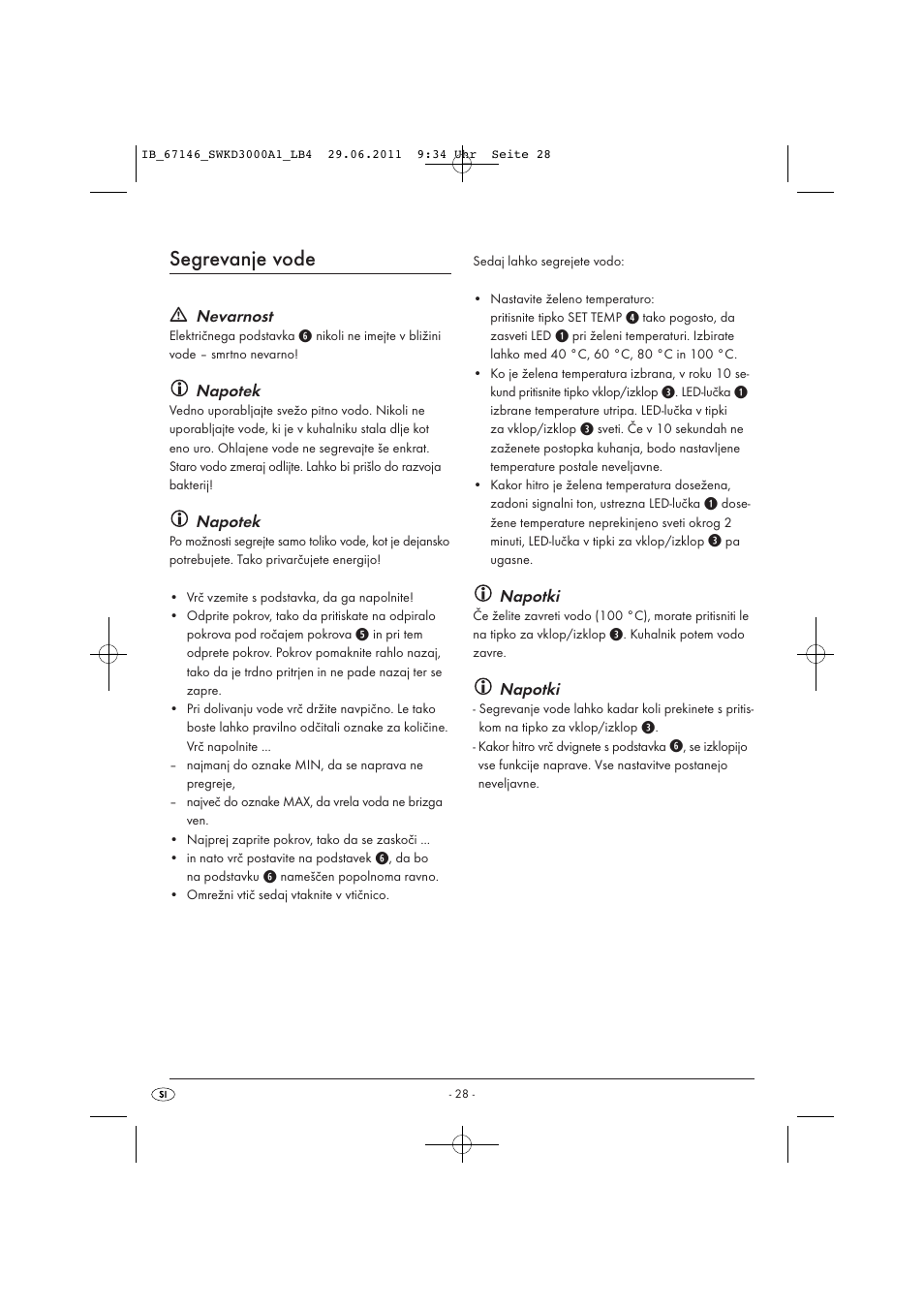 Segrevanje vode, Nevarnost, Napotek | Napotki | Silvercrest SWKD 3000 A1 User Manual | Page 30 / 58