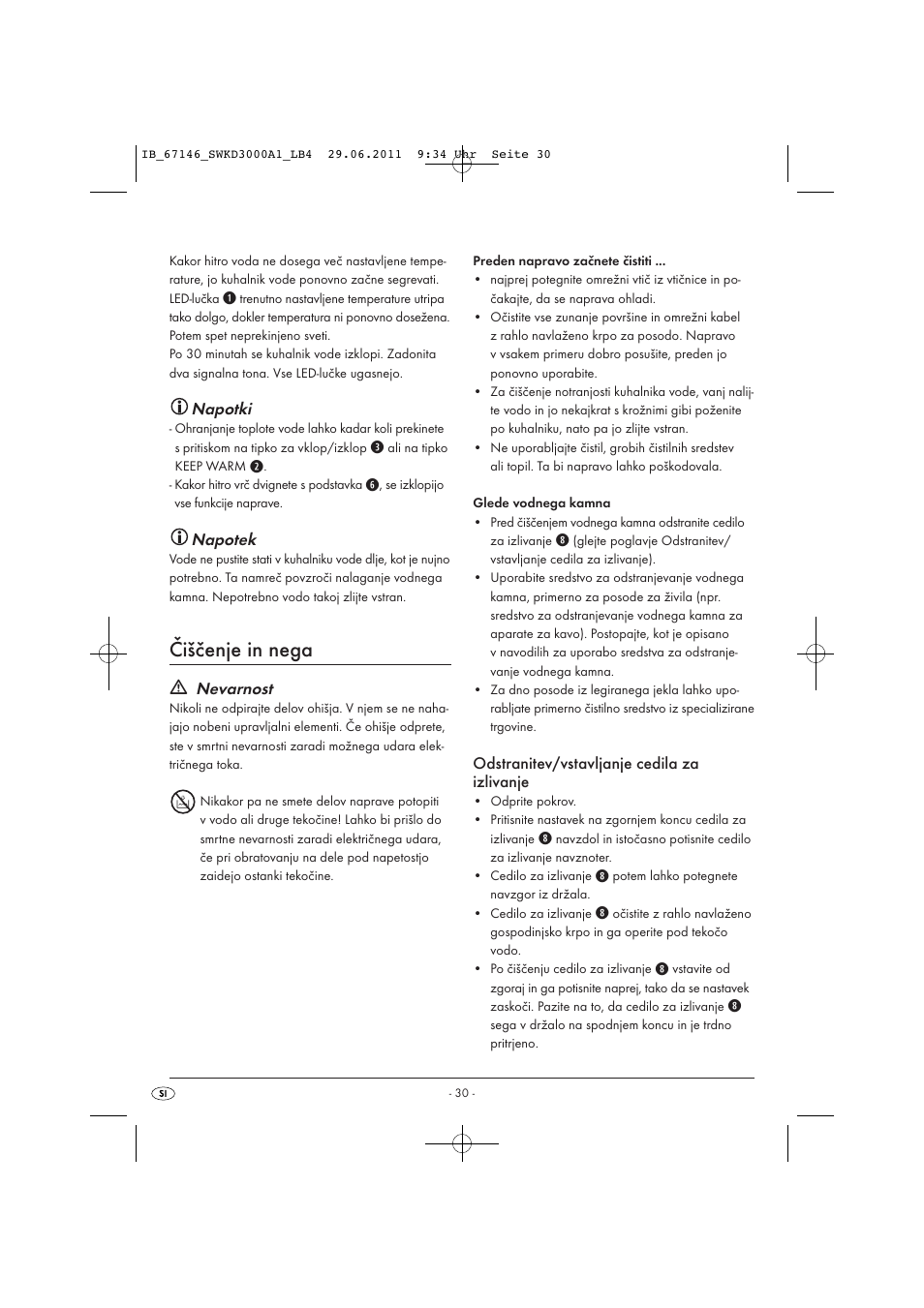 Čiščenje in nega, Napotki, Napotek | Nevarnost, Odstranitev/vstavljanje cedila za izlivanje | Silvercrest SWKD 3000 A1 User Manual | Page 32 / 58