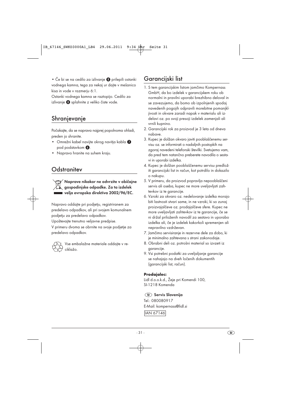 Shranjevanje, Odstranitev, Garancijski list | Silvercrest SWKD 3000 A1 User Manual | Page 33 / 58