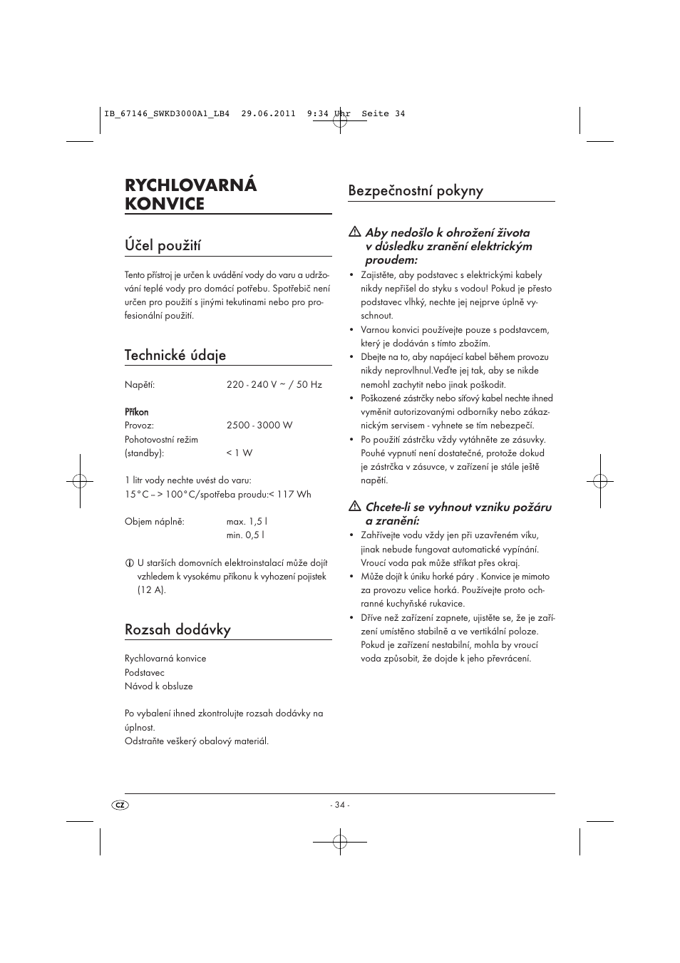 Rychlovarná konvice, Účel použití, Technické údaje | Rozsah dodávky, Bezpečnostní pokyny | Silvercrest SWKD 3000 A1 User Manual | Page 36 / 58