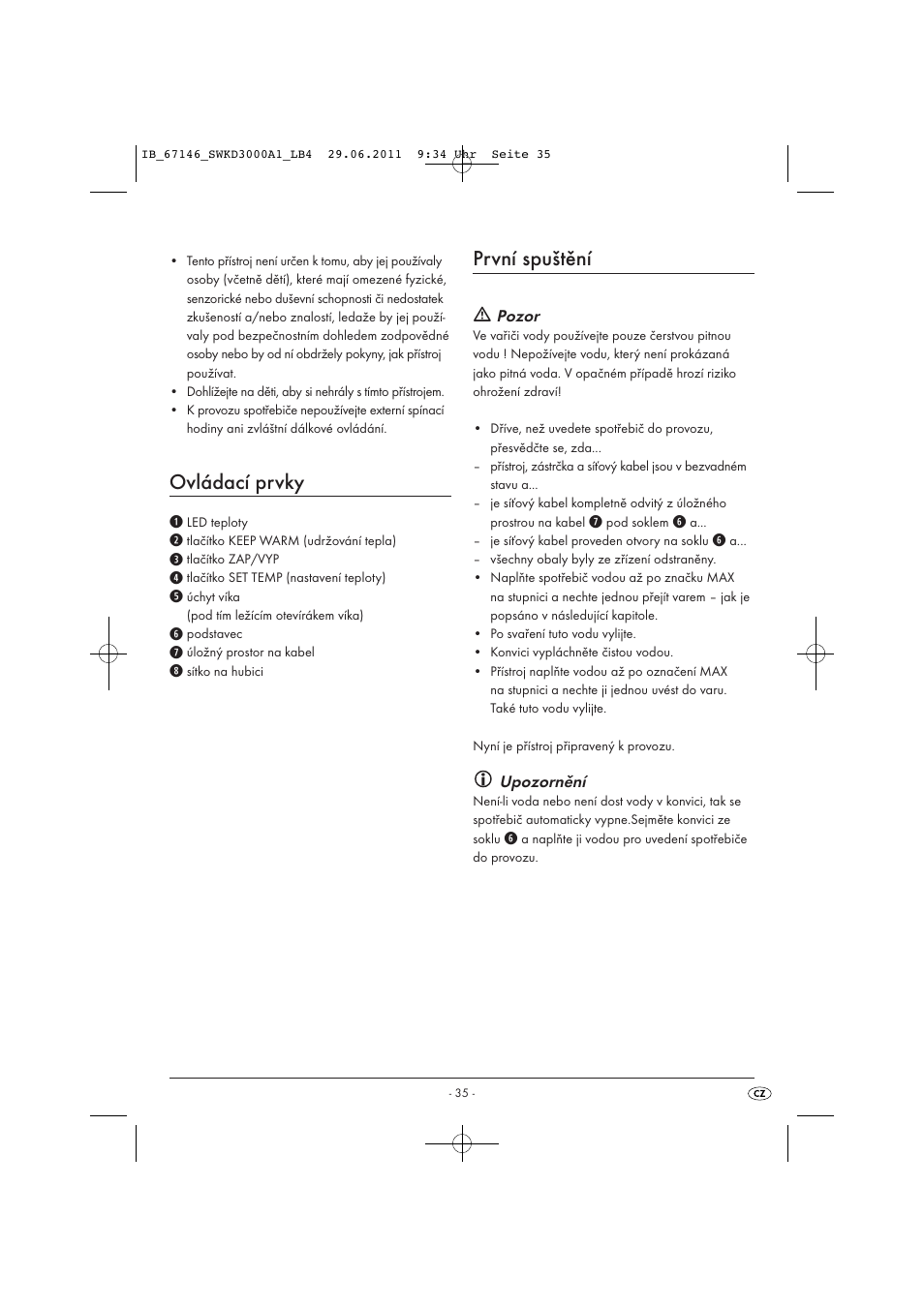 Ovládací prvky, První spuštění | Silvercrest SWKD 3000 A1 User Manual | Page 37 / 58